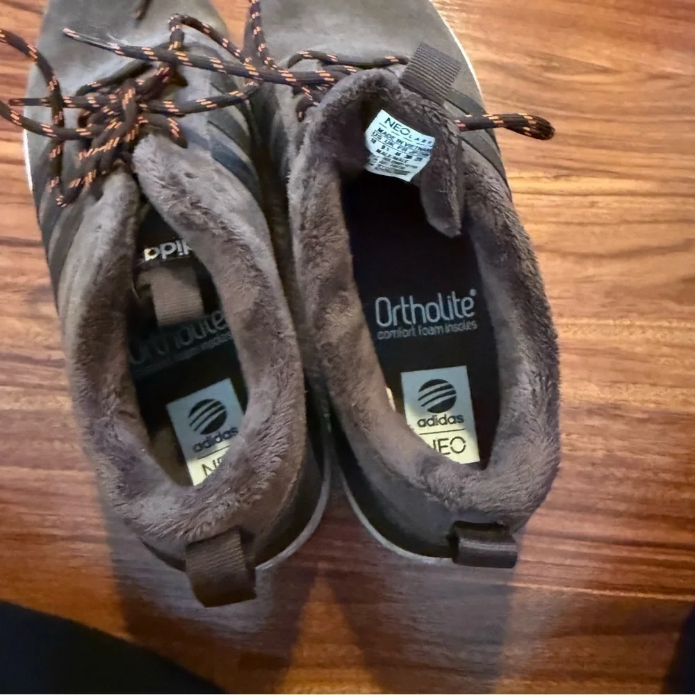 Brown Adidas Ortholite suede sneakers with fuzzy material